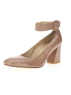 Stuart Weitzman Clara Block Heel Ankle Strap Pumps in Tan Nude Leather